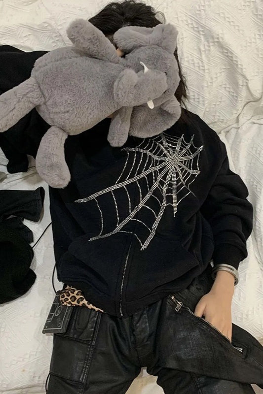 Rhinestone Spider Zip Hoodie