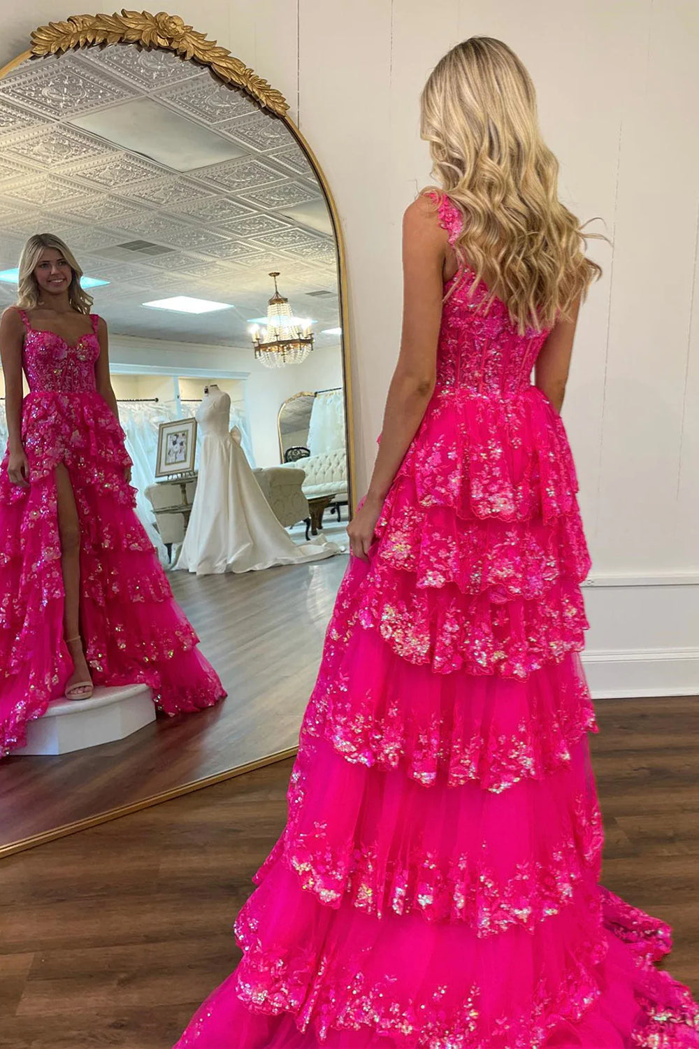 Sparkly Hot Pink A-Line Off The Shoulder Long Tiered Prom Dress With  Appliques