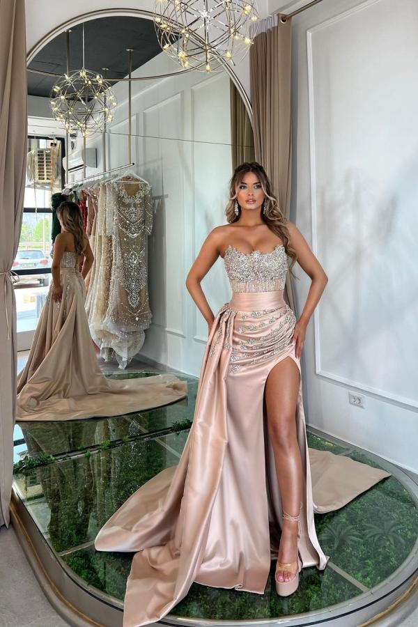 Fabulous Long Pink Sweetheart Silver Beaded High Split Prom Party Dresses with Pleats - Fashionpara