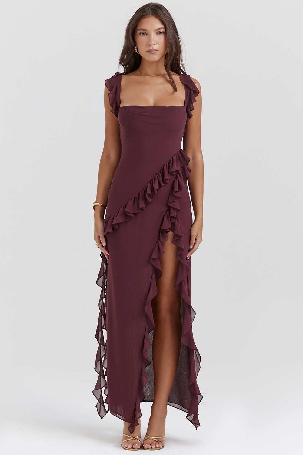 Square Neck Ruffle Strap High Split Asymmetrical Cascade Maxi Dress - View 23