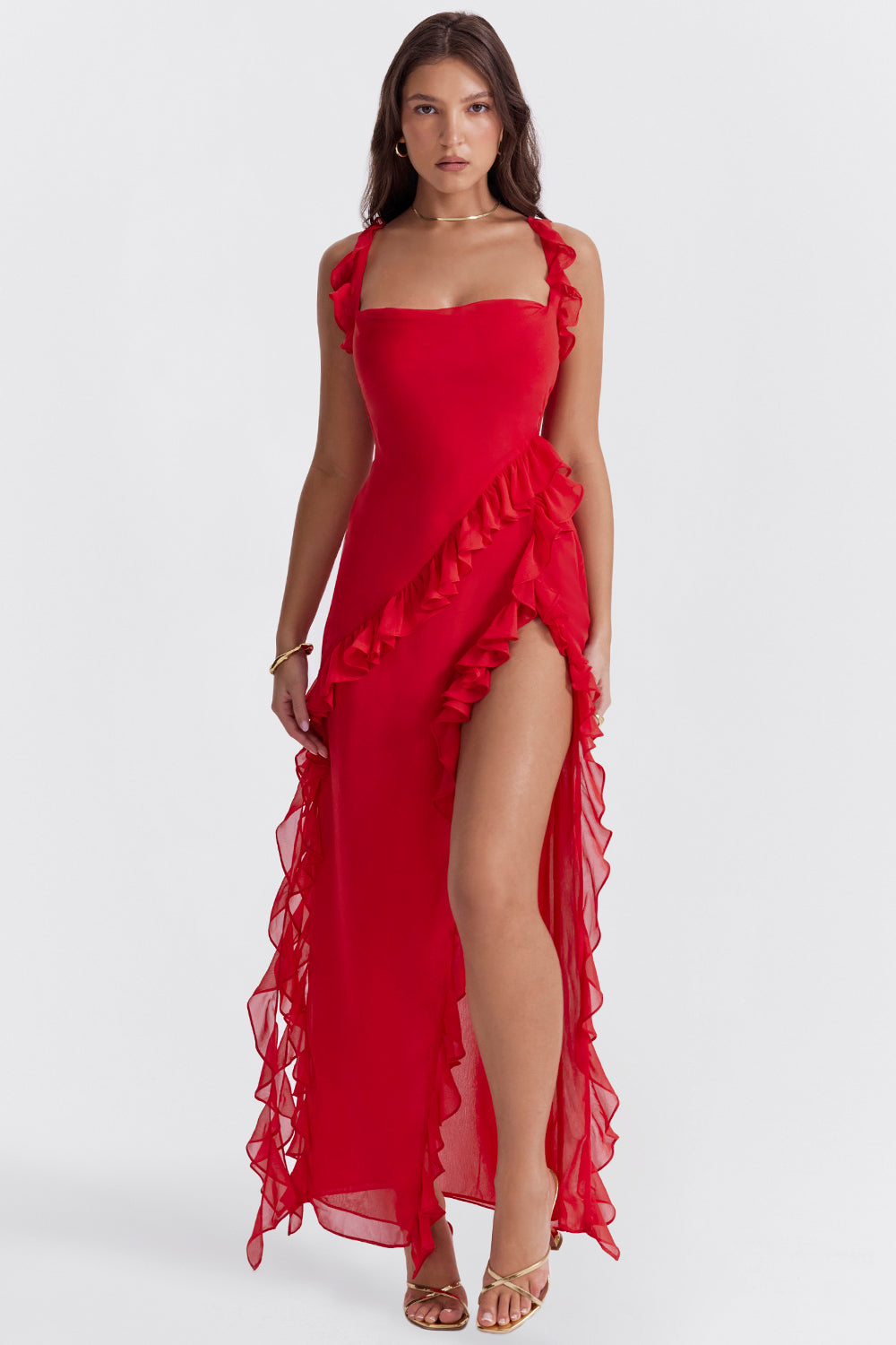 Square Neck Ruffle Strap High Split Asymmetrical Cascade Maxi Dress 70