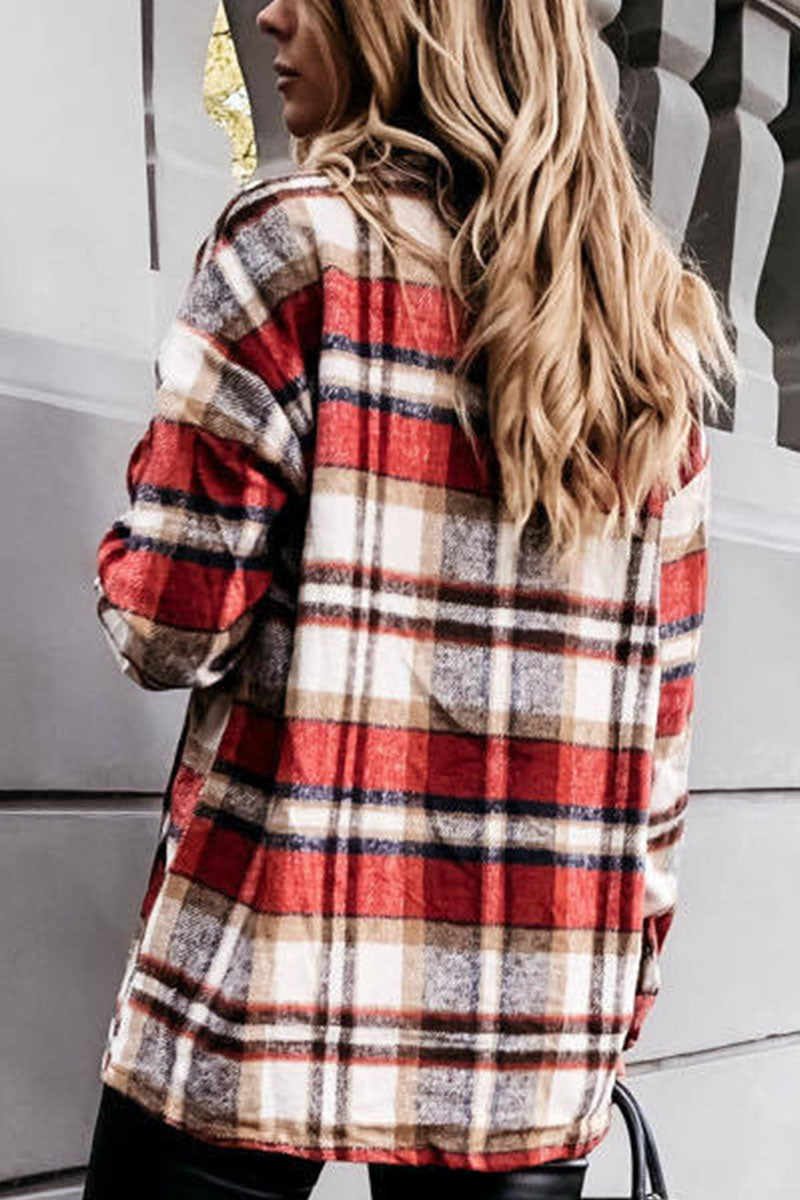 Fashion Daily Adult Plaid Cardigan Turndown Collar Blouses(3 Colors) - Fashionpara