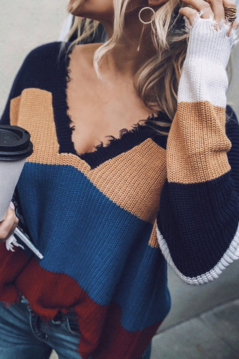 Fashion Street Patchwork Tassel V Neck Sweaters - Fashionpara