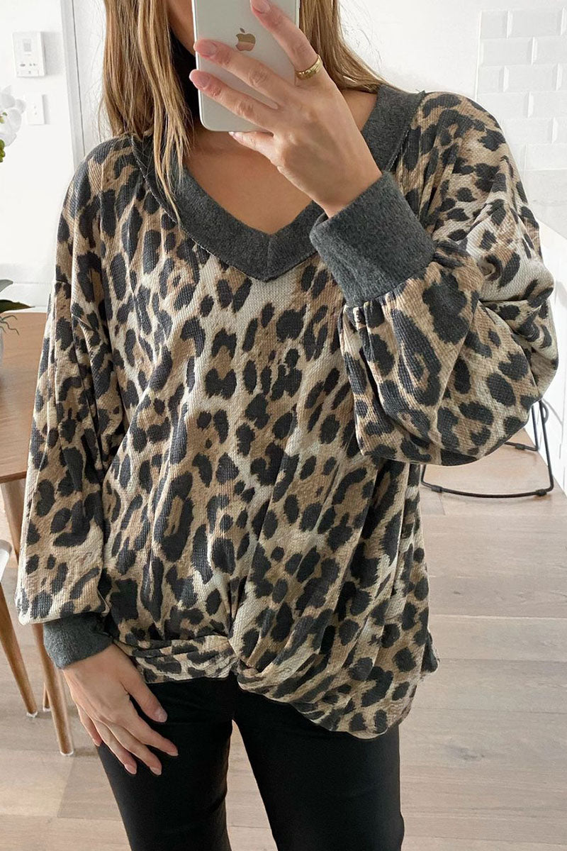 Florcoo Leopard Patchwork V Neck Sweater - Stylish Comfort