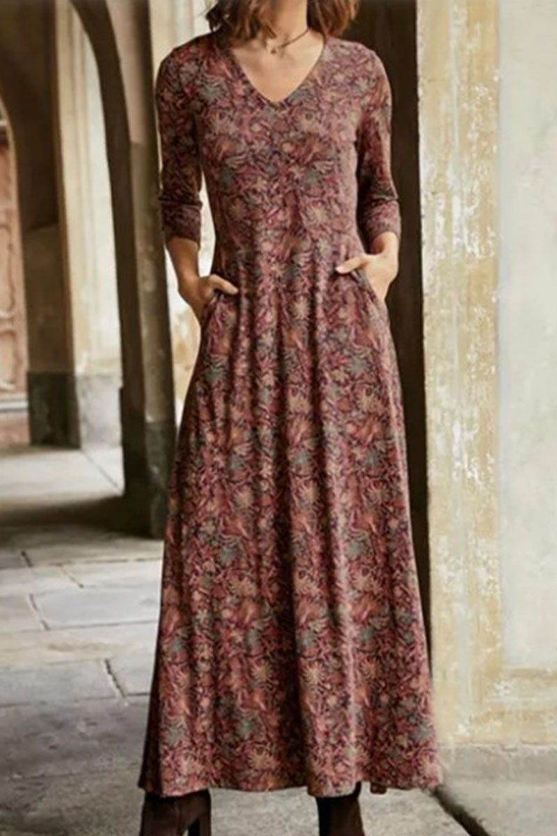 Casual Print Patchwork V Neck A Line Dresses(4 Colors) - Fashionpara