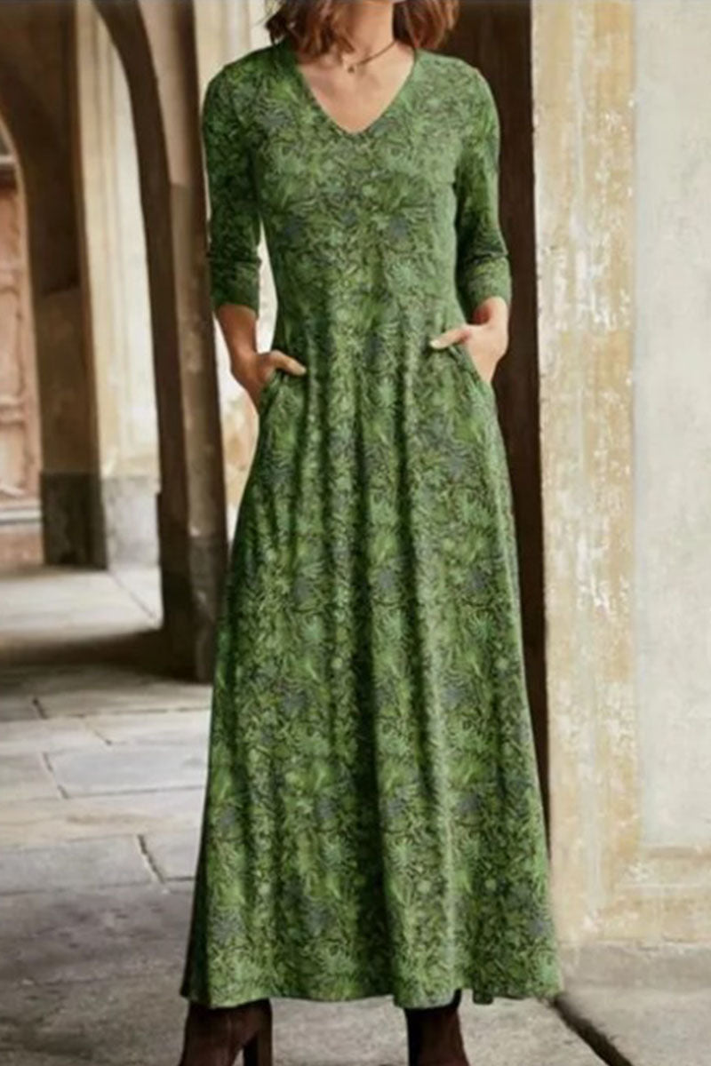 Casual Print Patchwork V Neck A Line Dresses(4 Colors) - Fashionpara