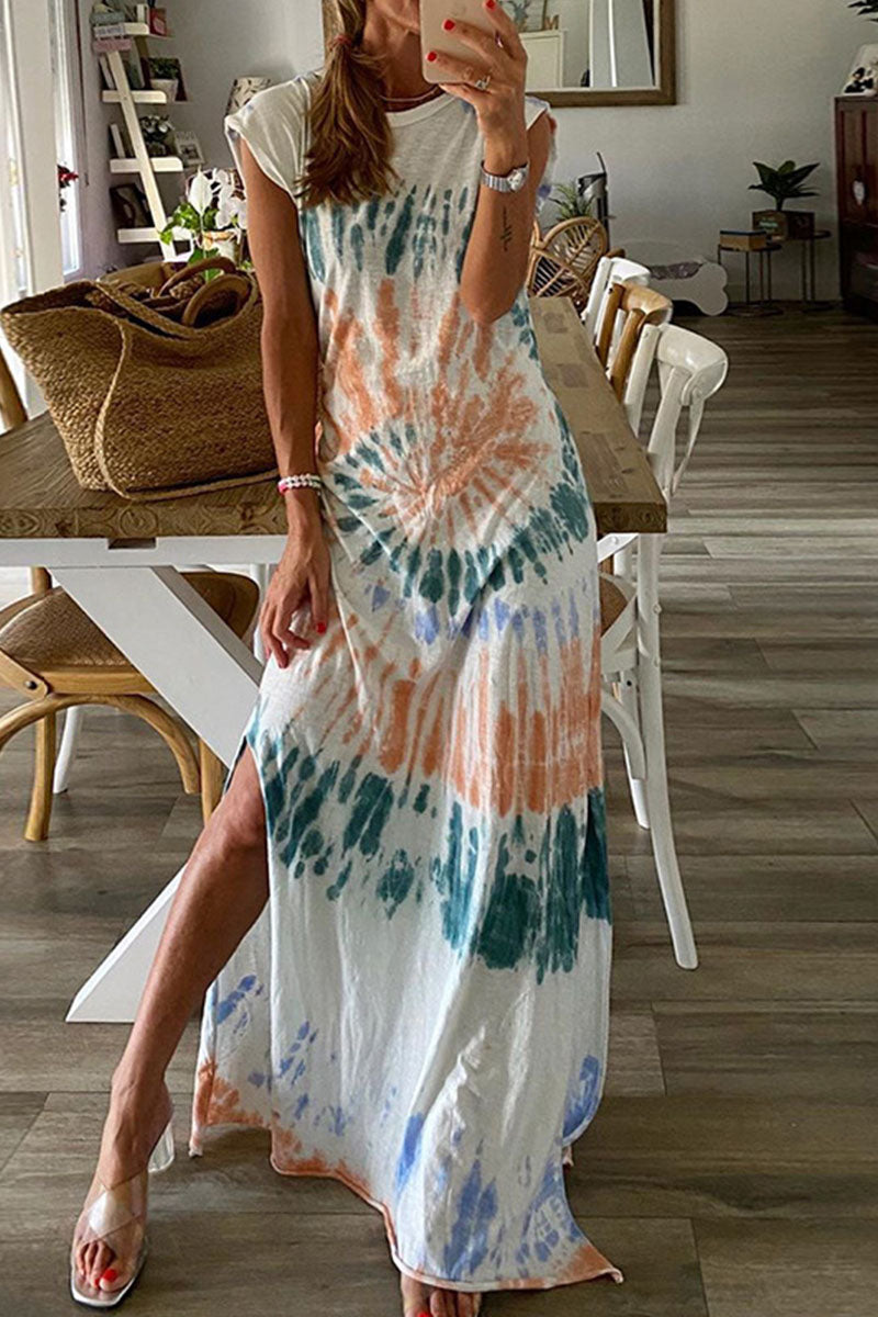 Fashion Street Print Slit O Neck Irregular Dress Dresses - Fashionpara