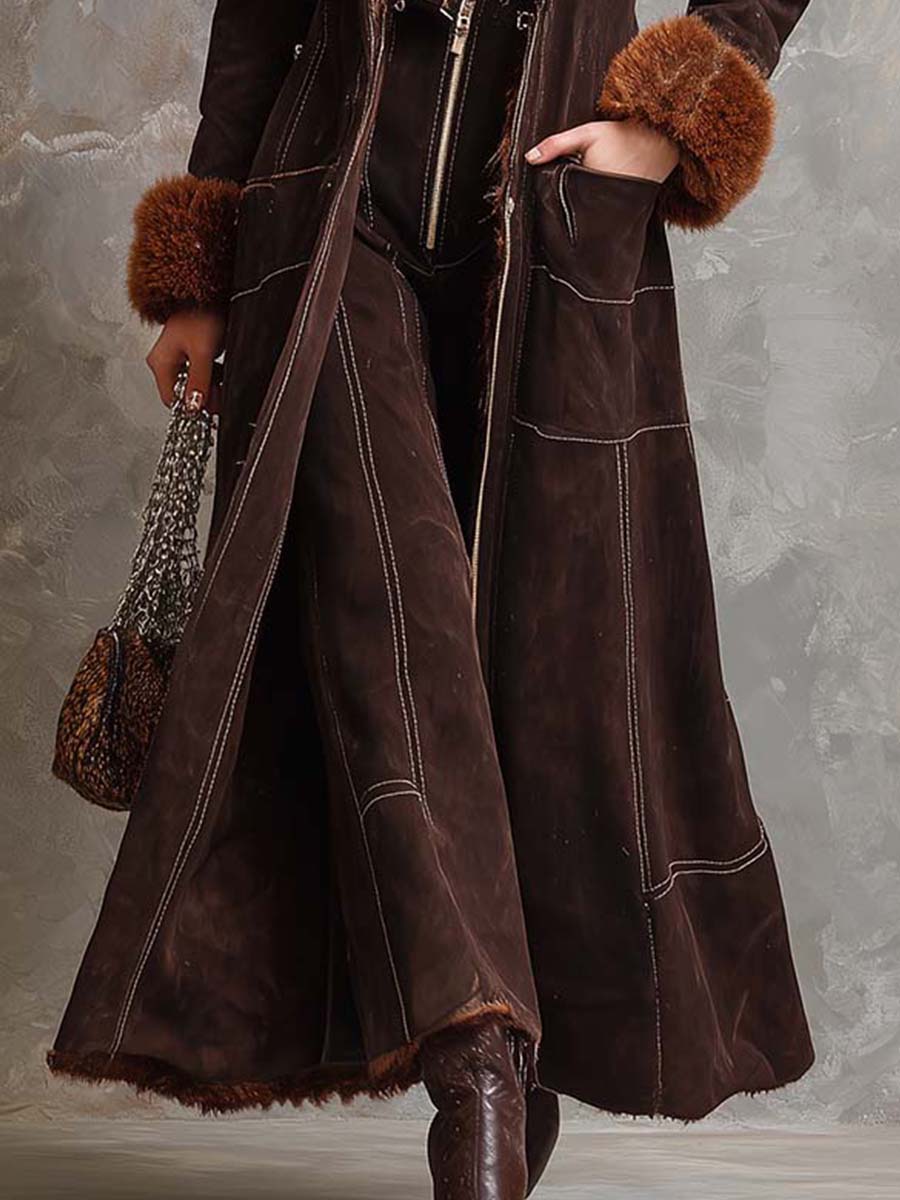 Chocolate Brown Faux Suede Long Coat With Fur Trim – Toscana Winter Luxury