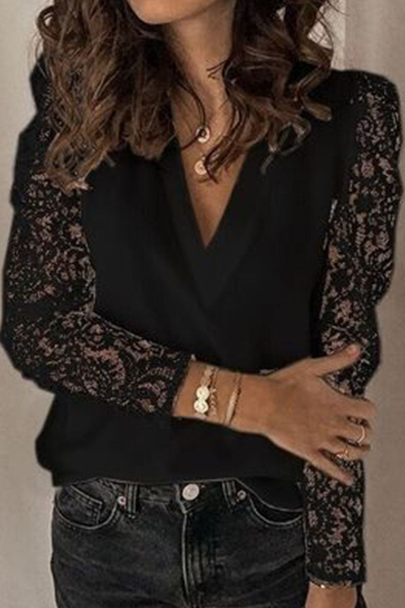 Fashion Street Solid Patchwork V Neck Tops - Fashionpara