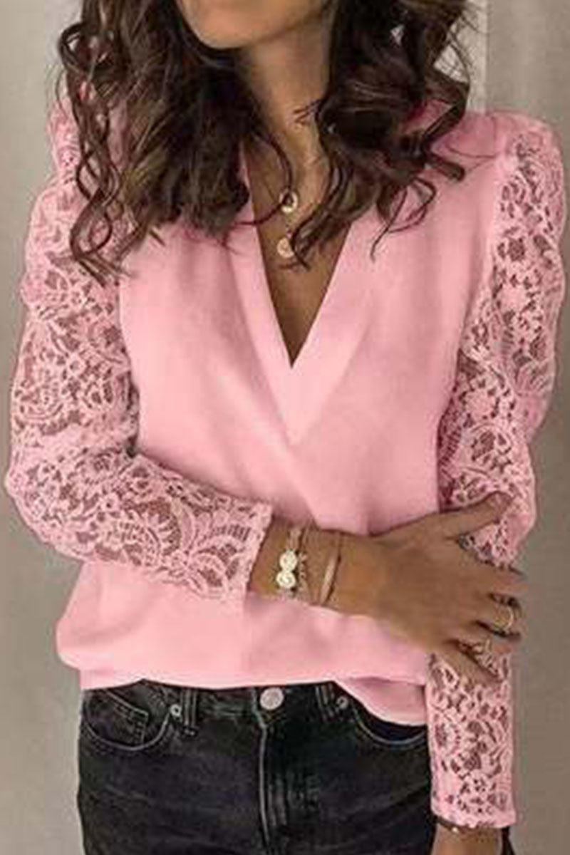 Fashion Street Solid Patchwork V Neck Tops - Fashionpara