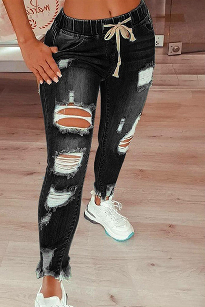 Fashion Casual Solid Ripped Mid Waist Regular Jeans - Fashionpara