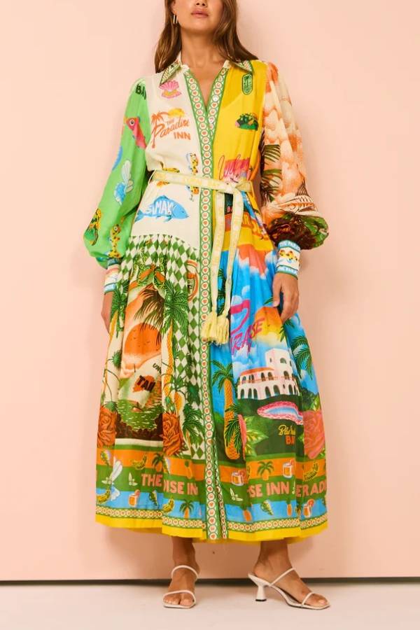 A World of Colour Unique Print Balloon Sleeve Belt Shirt Midi Dress - Fashionpara