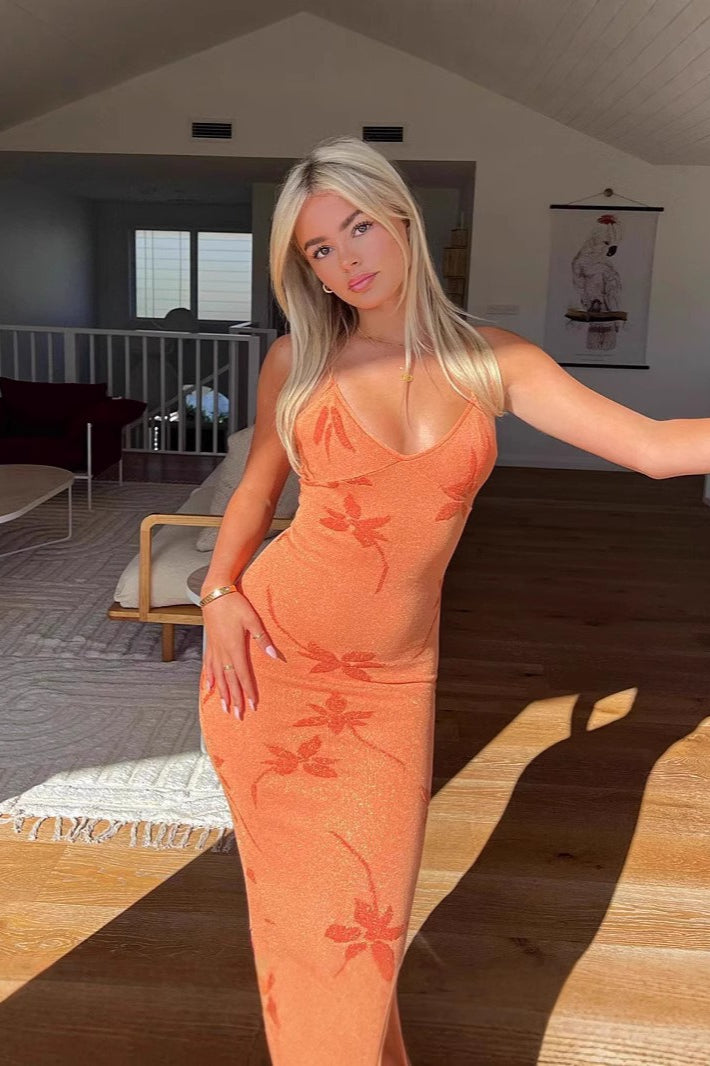 Floral Knit V-Neck Spaghetti Strap Bodycon Maxi Dress