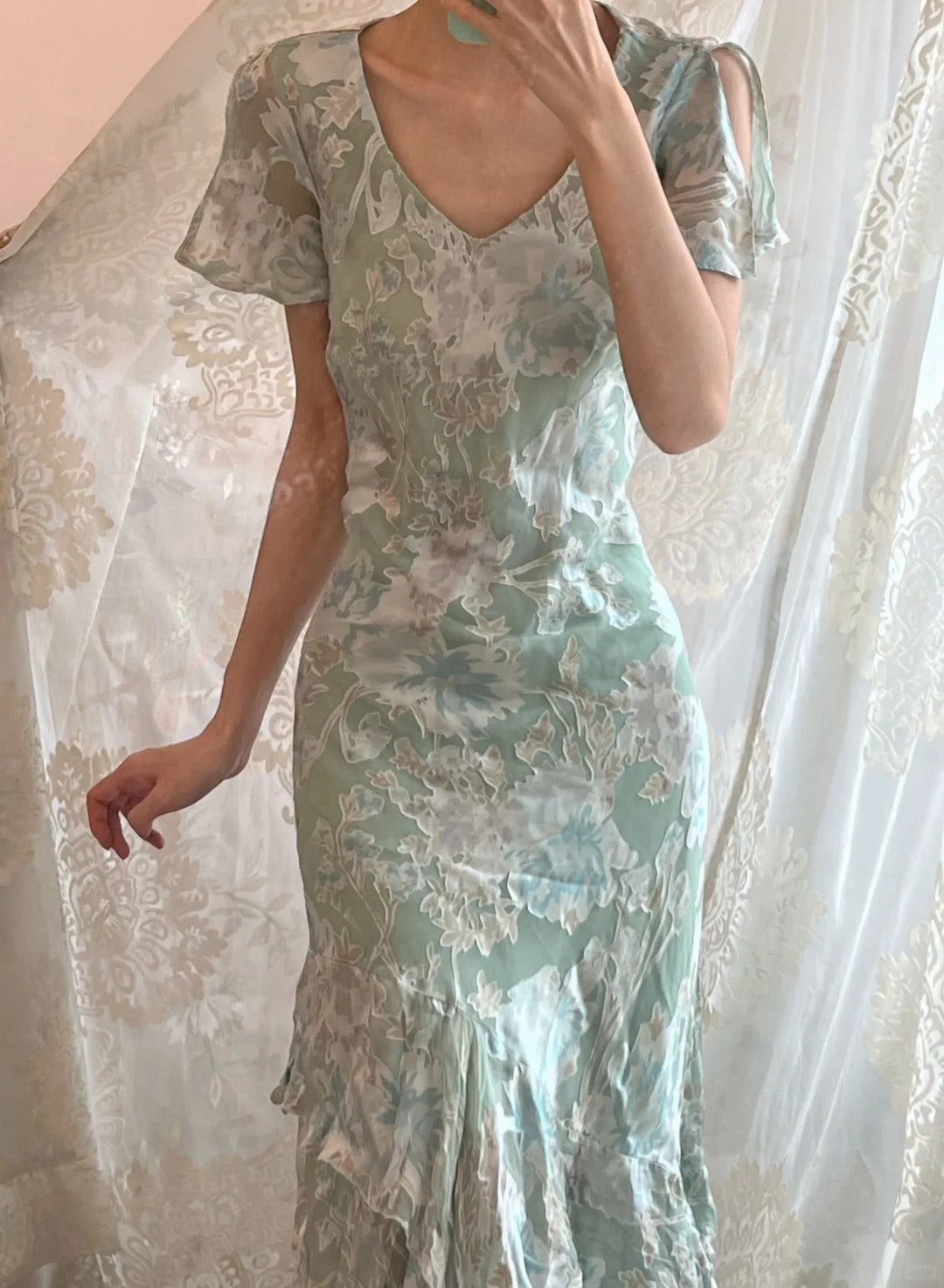 Sweet Light Green Floral Print Ruffled V-neck Chiffon Long Prom Dress Evening Dress P4161