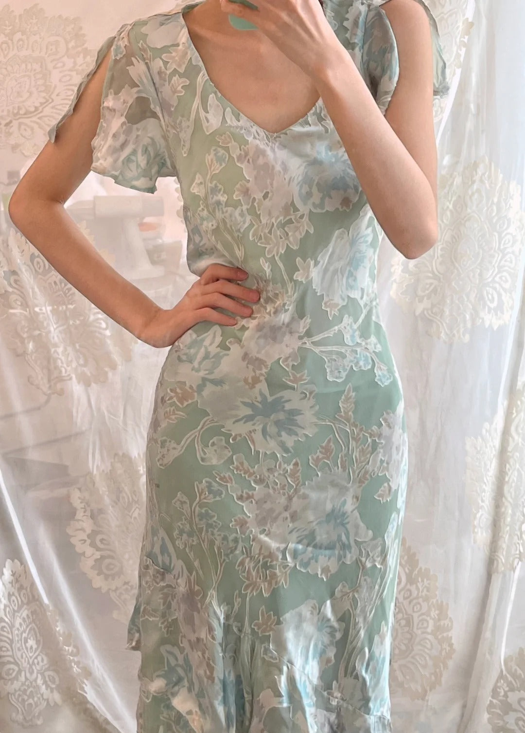 Sweet Light Green Floral Print Ruffled V-neck Chiffon Long Prom Dress Evening Dress P4161