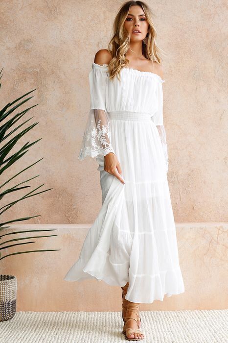 Off Shoulder Long Sleeve Lace Tiered Maxi Dress