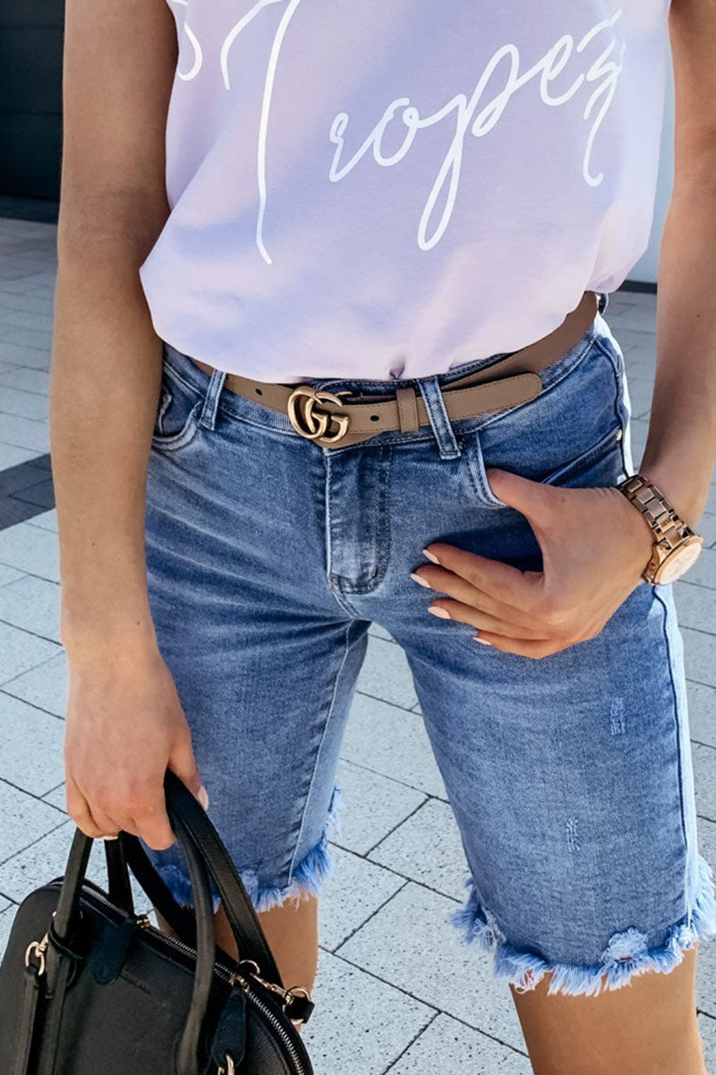 Fashion Street Solid Mid Waist Straight Denim Shorts  Fashionpara