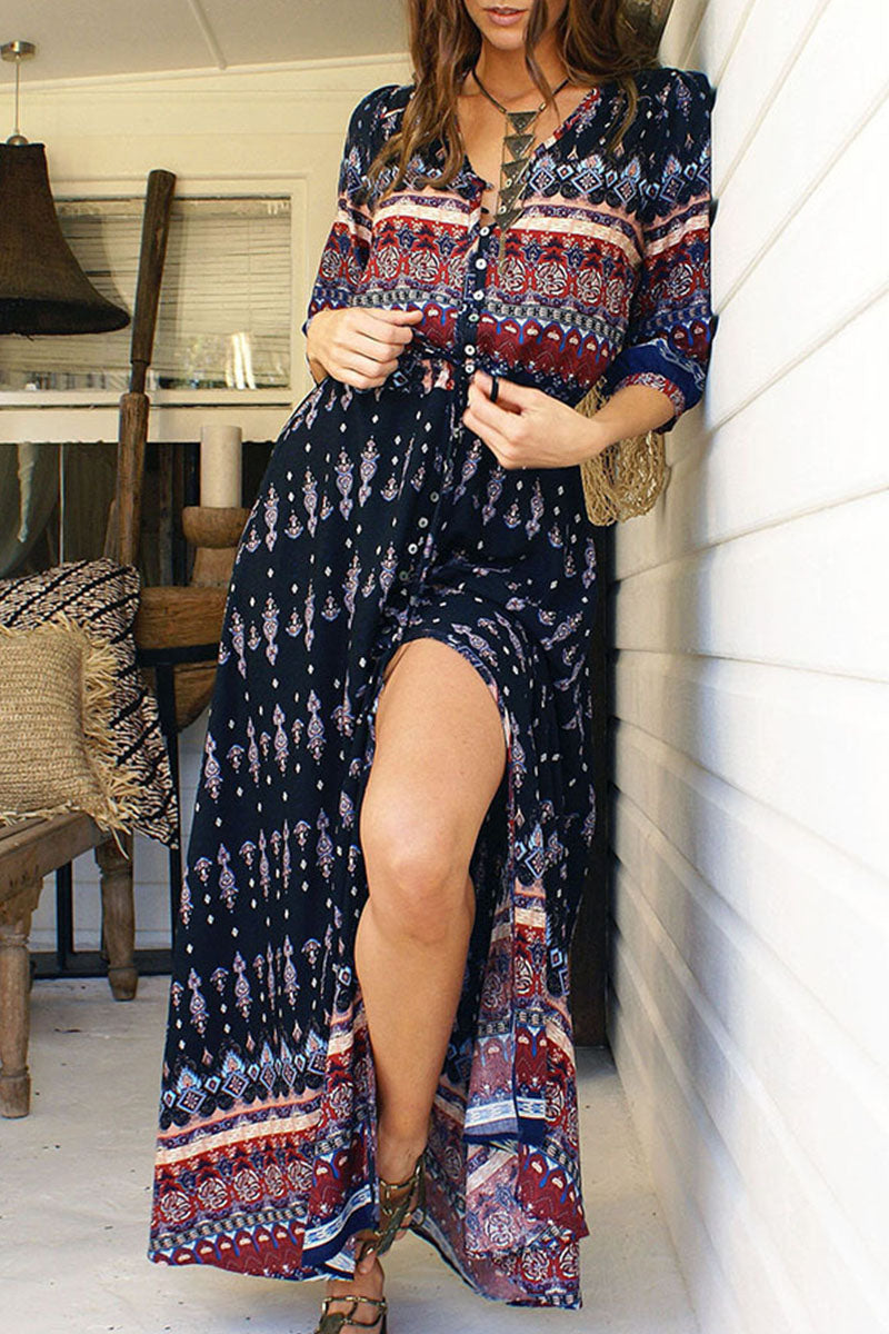 Fashion Street Print Patchwork V Neck Printed Dresses(4 Colors) - Fashionpara