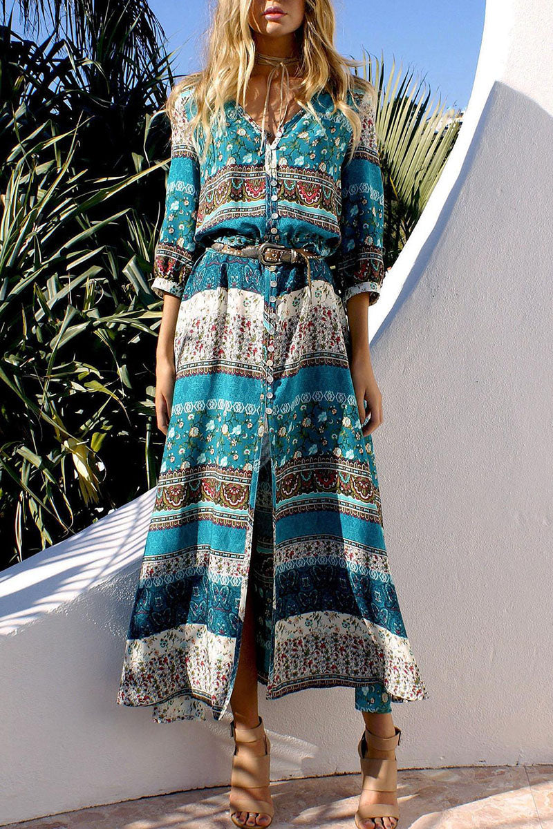 Fashion Street Print Patchwork V Neck Printed Dresses(4 Colors) - Fashionpara