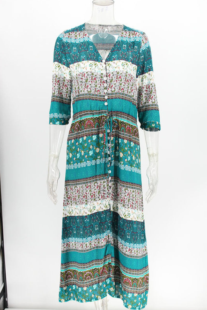 Fashion Street Print Patchwork V Neck Printed Dresses(4 Colors) - Fashionpara