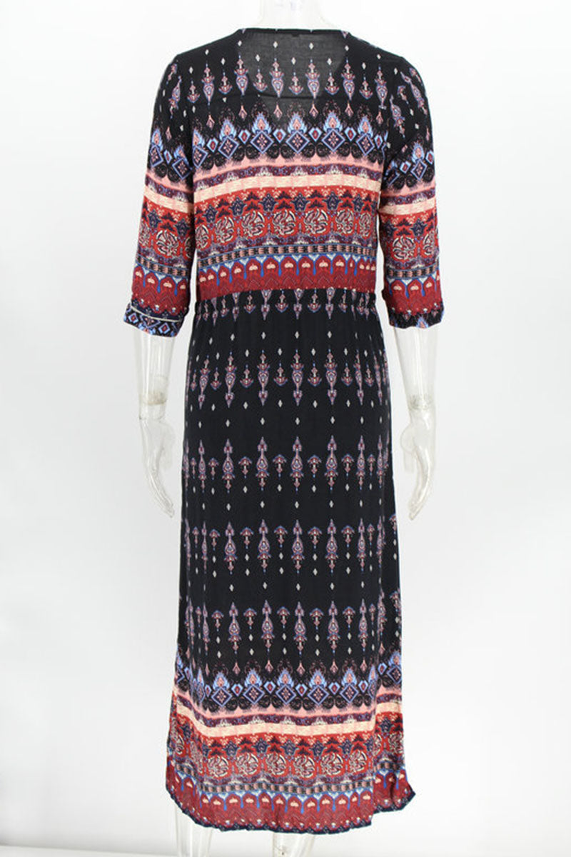 Fashion Street Print Patchwork V Neck Printed Dresses(4 Colors) - Fashionpara