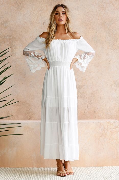 Off Shoulder Long Sleeve Lace Tiered Maxi Dress