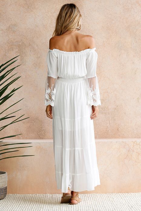 Off Shoulder Long Sleeve Lace Tiered Maxi Dress