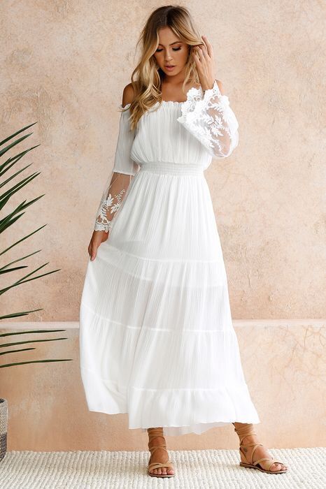 Off Shoulder Long Sleeve Lace Tiered Maxi Dress