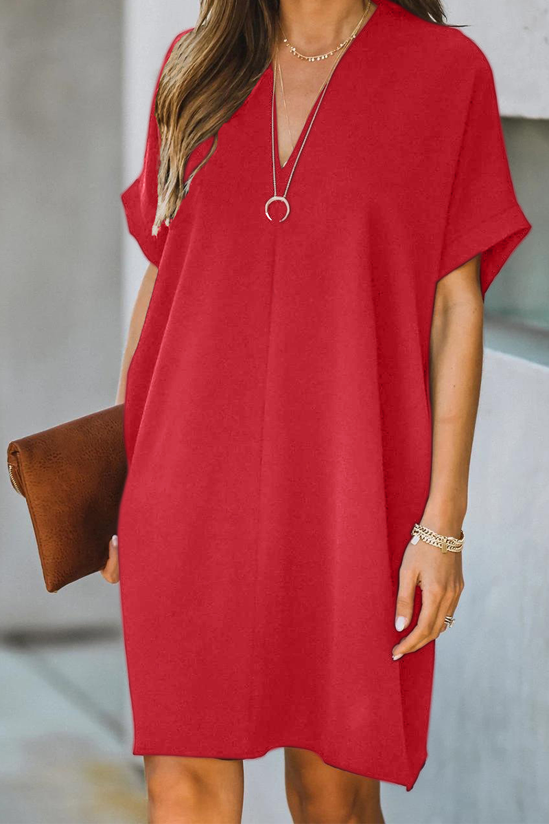 Casual Solid Patchwork V Neck Straight Dresses(3 Colors) - Fashionpara