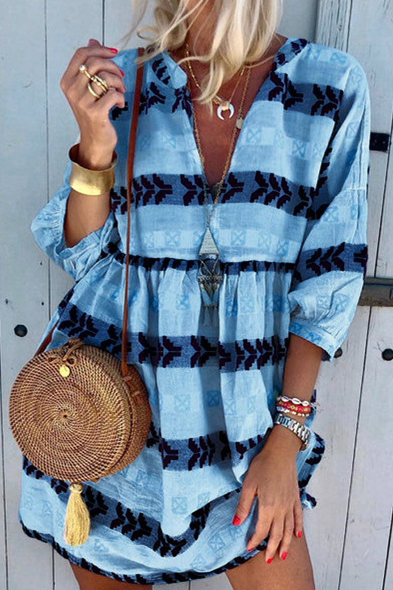 Fashion Street Print Patchwork V Neck Pleated Dresses(3 Colors)  Fashionpara