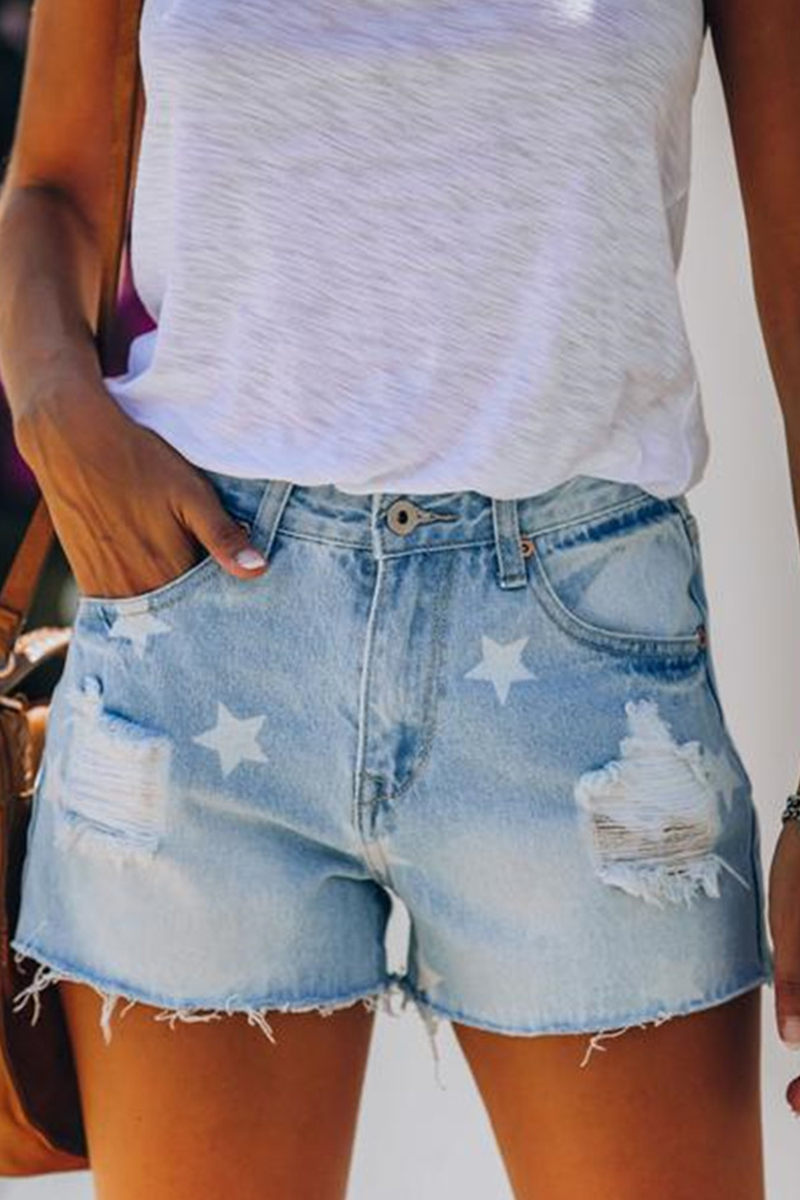 Street Daily Print The stars Tassel Ripped Make Old Regular Denim Shorts  Fashionpara