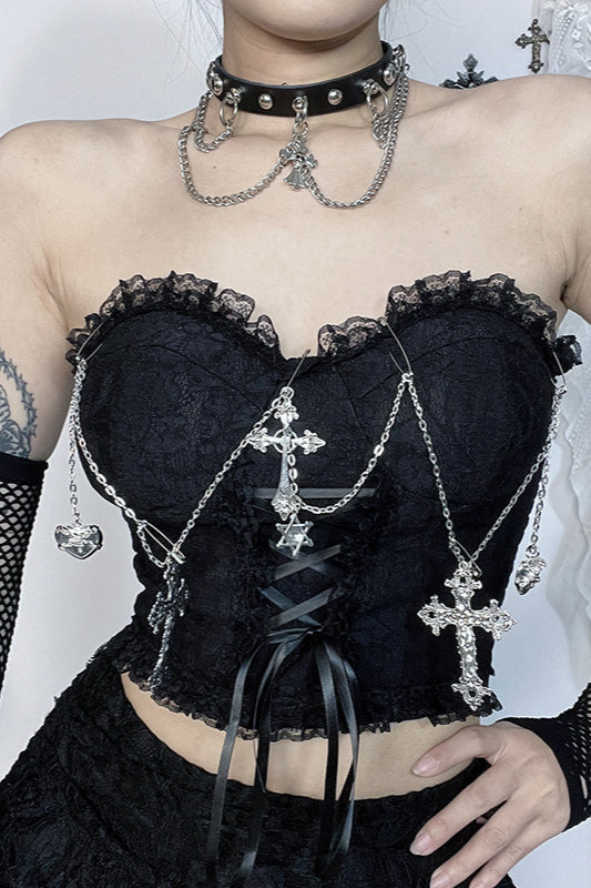 Dark Gothic Cross Chain Bustier Corset - Fashionpara