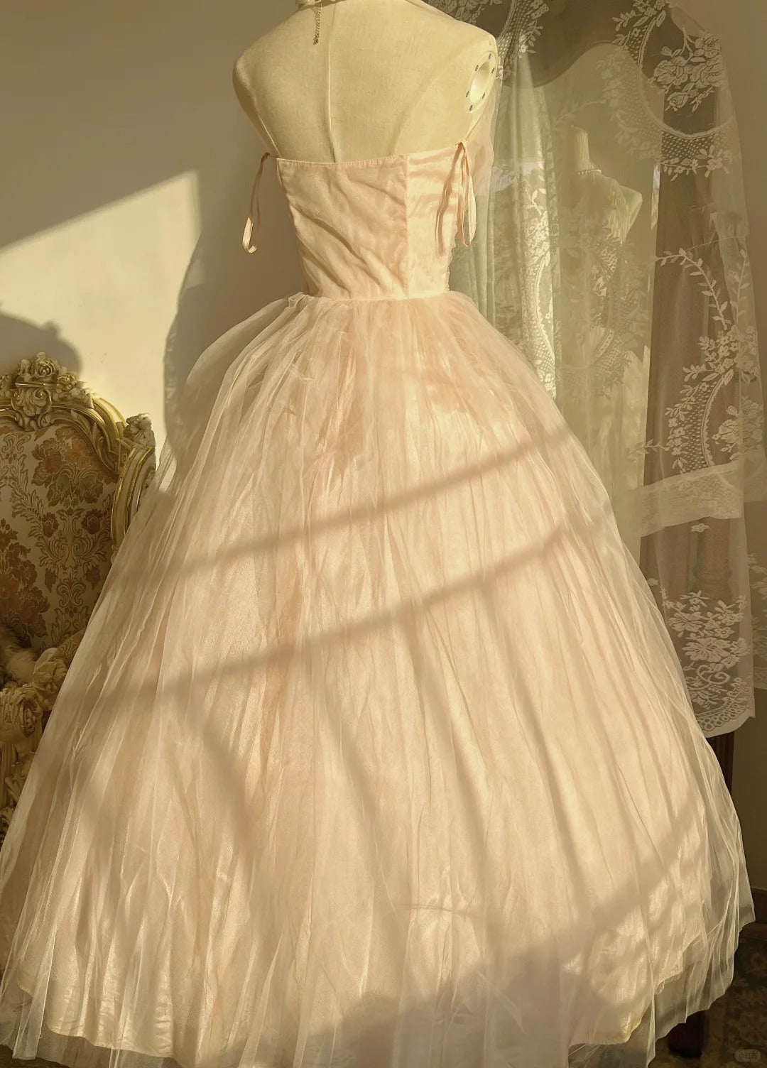 Sweet Pink Halter Neck Tulle Long Ball Gown Evening Dress P4162