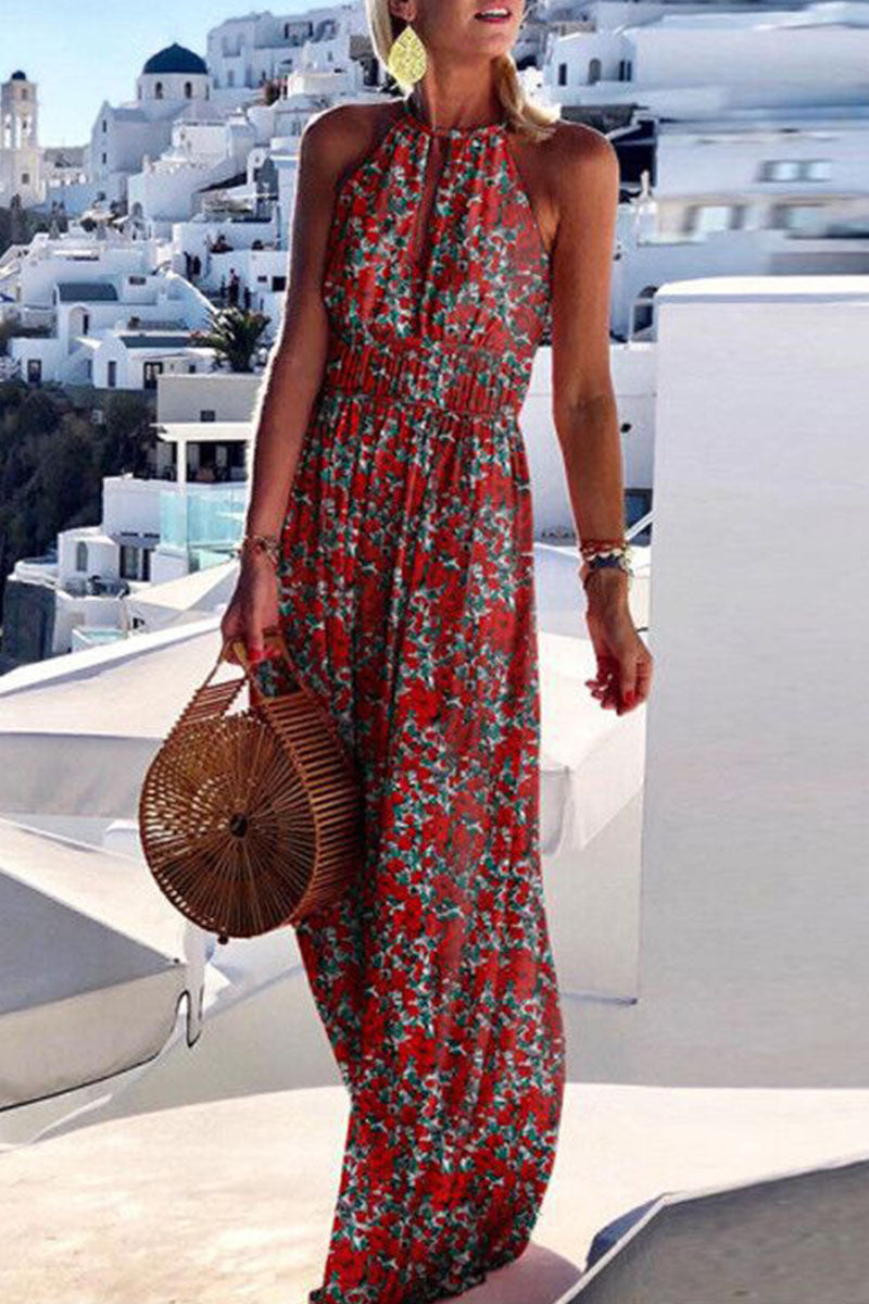 Fashion Bohemian Print Patchwork Halter Pleated Dresses  Fashionpara