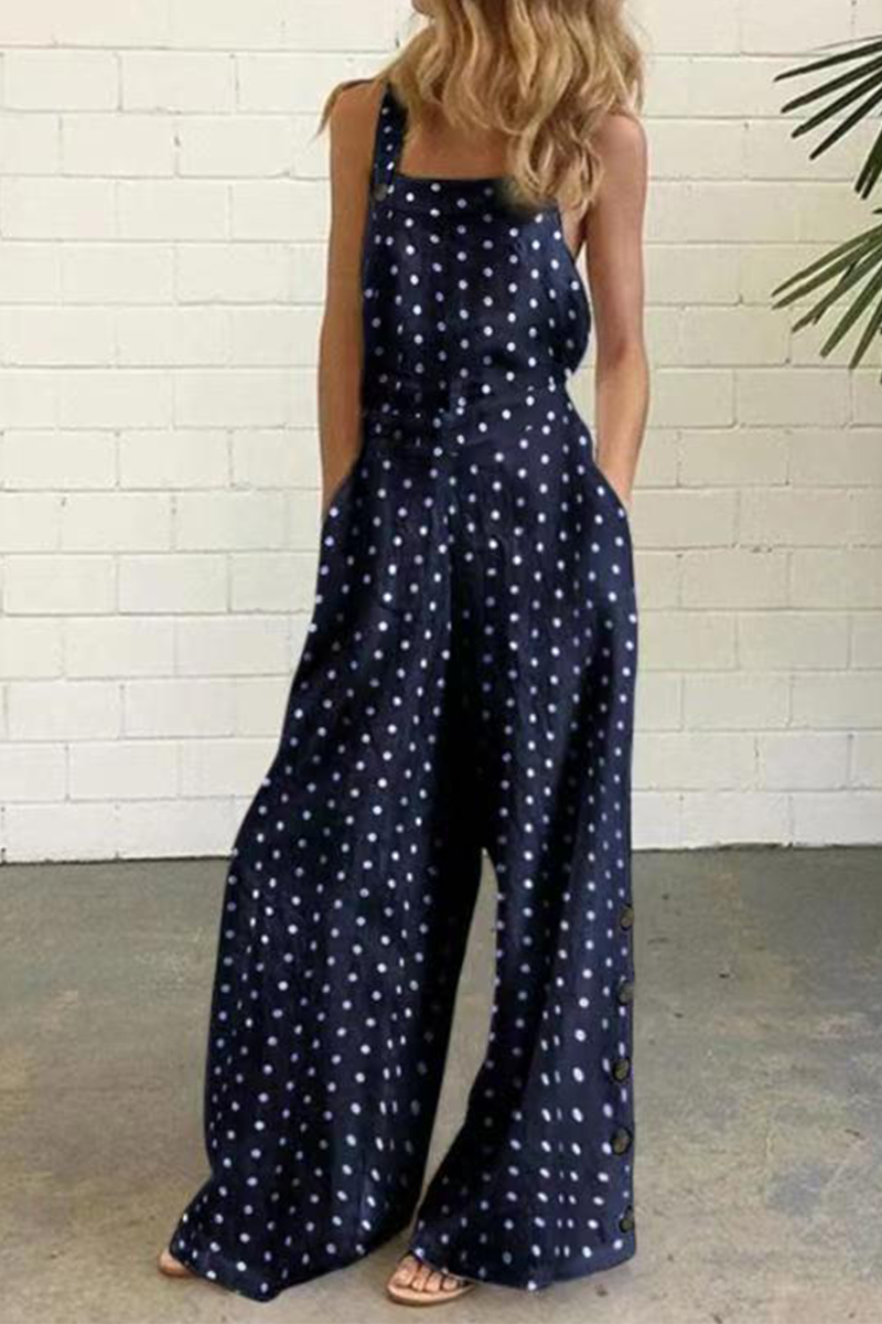 Elegant Dot Print Patchwork Square Collar Straight Jumpsuits  Fashionpara