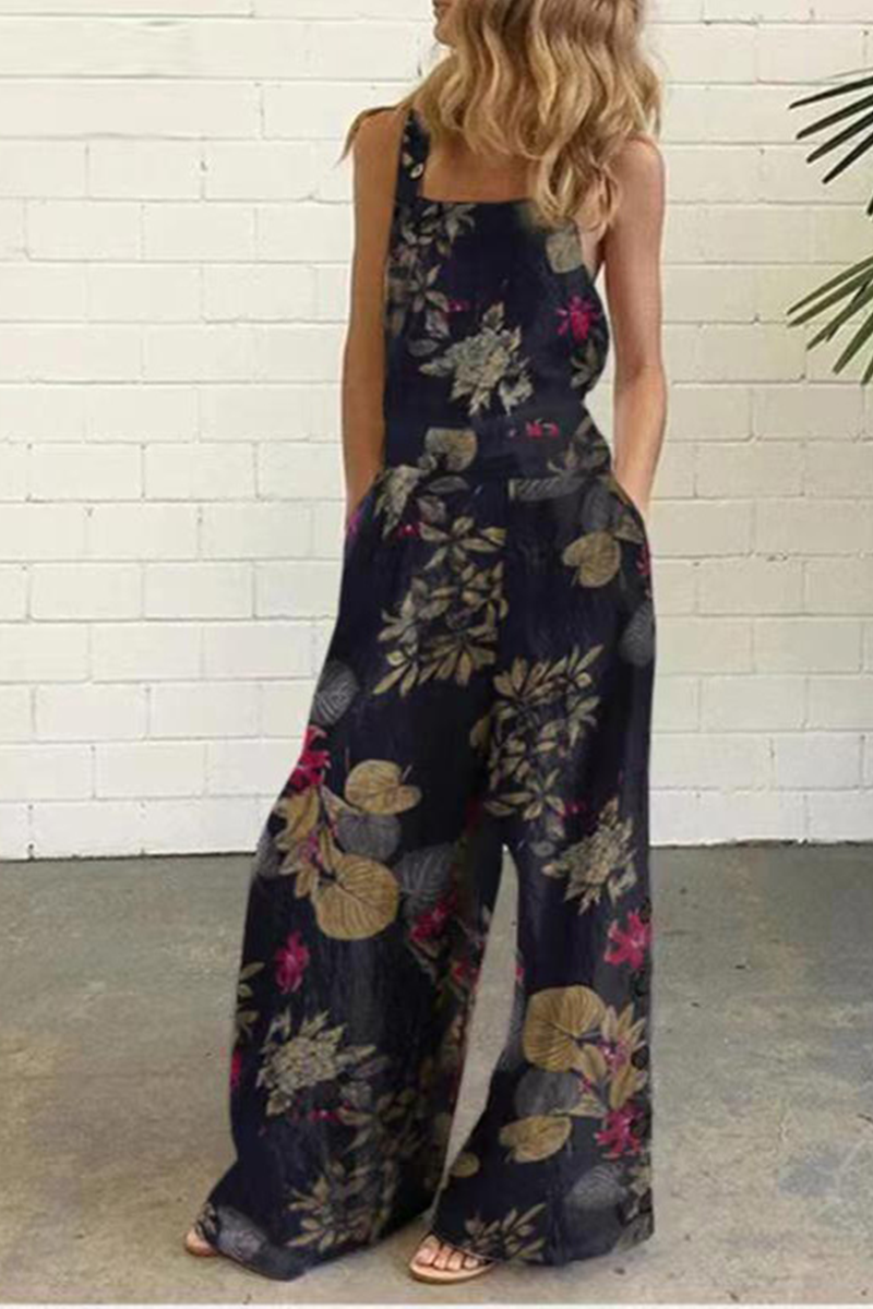 Elegant Dot Print Patchwork Square Collar Straight Jumpsuits  Fashionpara