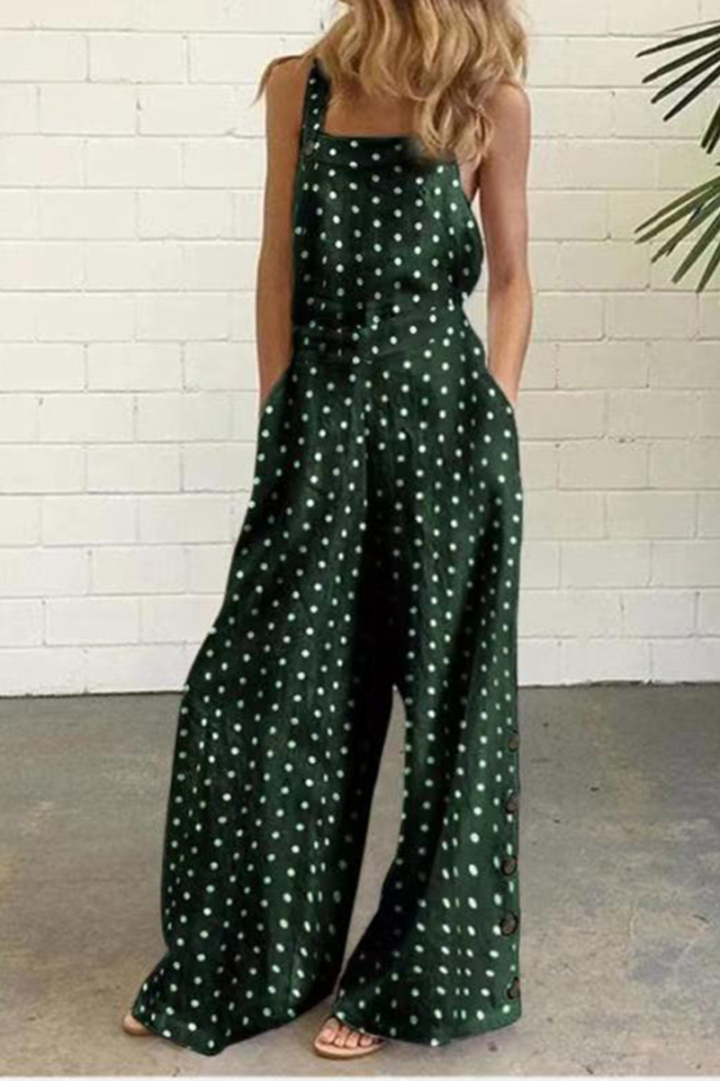 Elegant Dot Print Patchwork Square Collar Straight Jumpsuits  Fashionpara