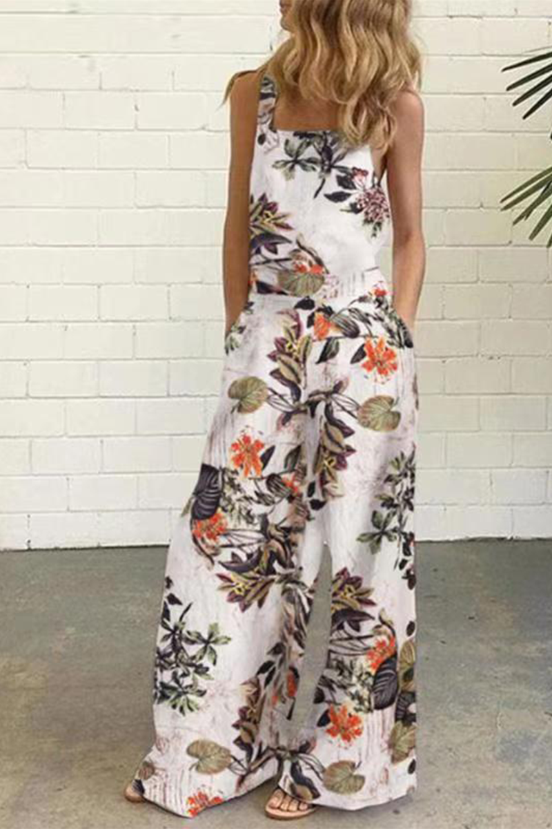 Elegant Dot Print Patchwork Square Collar Straight Jumpsuits  Fashionpara