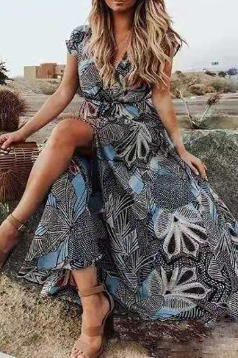 Casual Print Patchwork V Neck Cake Skirt Dresses  Fashionpara