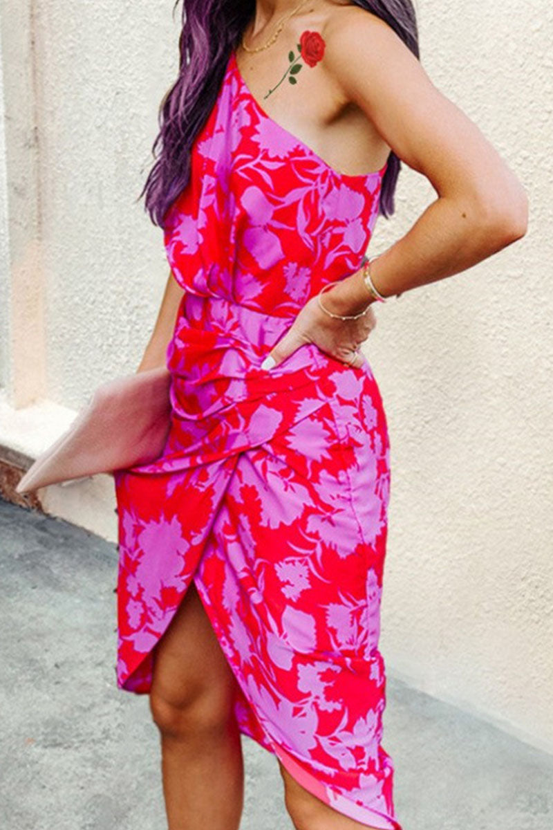 Fashion Street Print Patchwork One Shoulder A Line Dresses(3 Colors)  Fashionpara