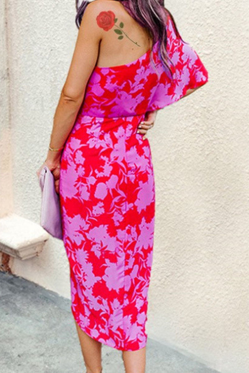 Fashion Street Print Patchwork One Shoulder A Line Dresses(3 Colors)  Fashionpara