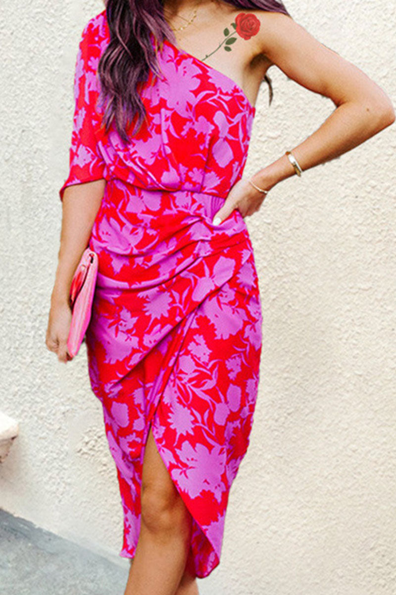 Fashion Street Print Patchwork One Shoulder A Line Dresses(3 Colors)  Fashionpara