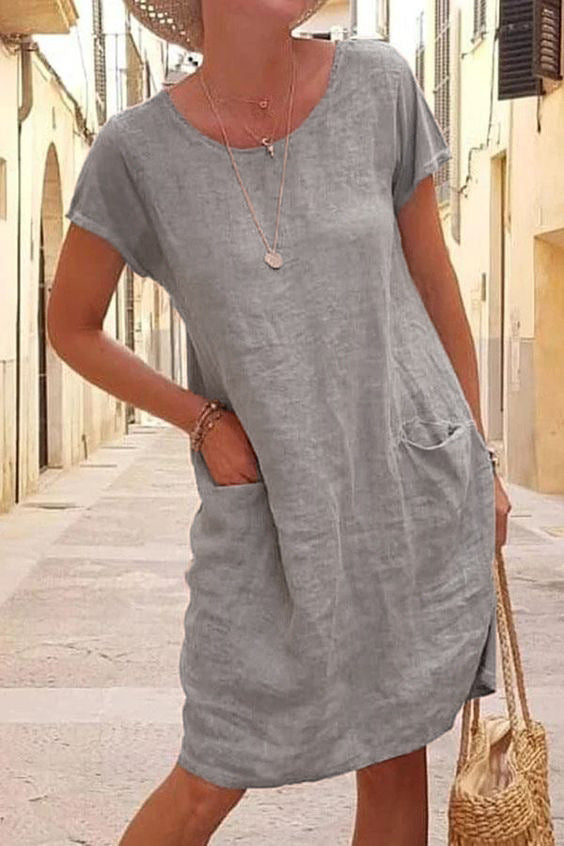 Casual Solid Patchwork Pocket O Neck Short Sleeve Dress Dresses - Fashionpara