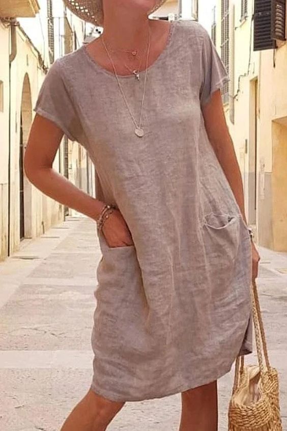 Casual Solid Patchwork Pocket O Neck Short Sleeve Dress Dresses - Fashionpara