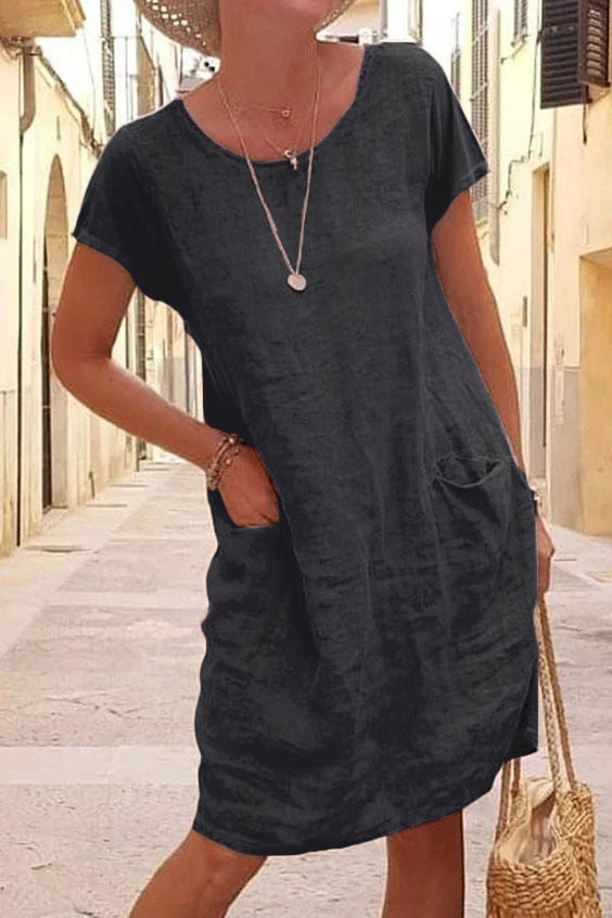 Casual Solid Patchwork Pocket O Neck Short Sleeve Dress Dresses - Fashionpara