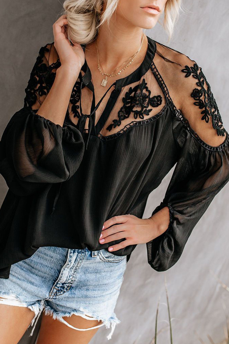Fashion Elegant Solid Lace Frenulum See-through V Neck Tops - Fashionpara