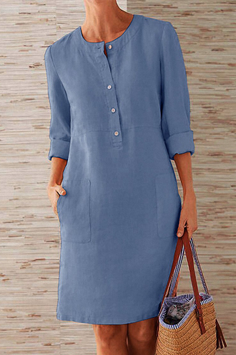 Casual Solid Pocket Buckle O Neck Long Sleeve Dresses  Fashionpara