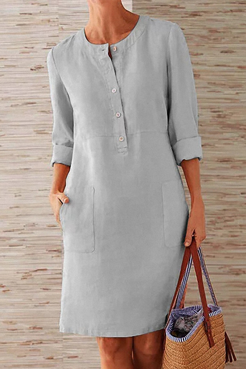 Casual Solid Pocket Buckle O Neck Long Sleeve Dresses  Fashionpara