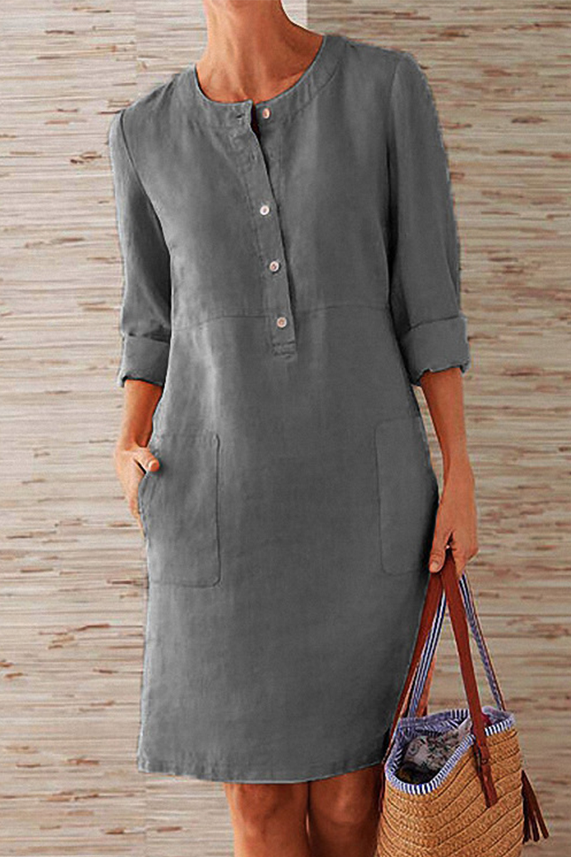 Casual Solid Pocket Buckle O Neck Long Sleeve Dresses  Fashionpara