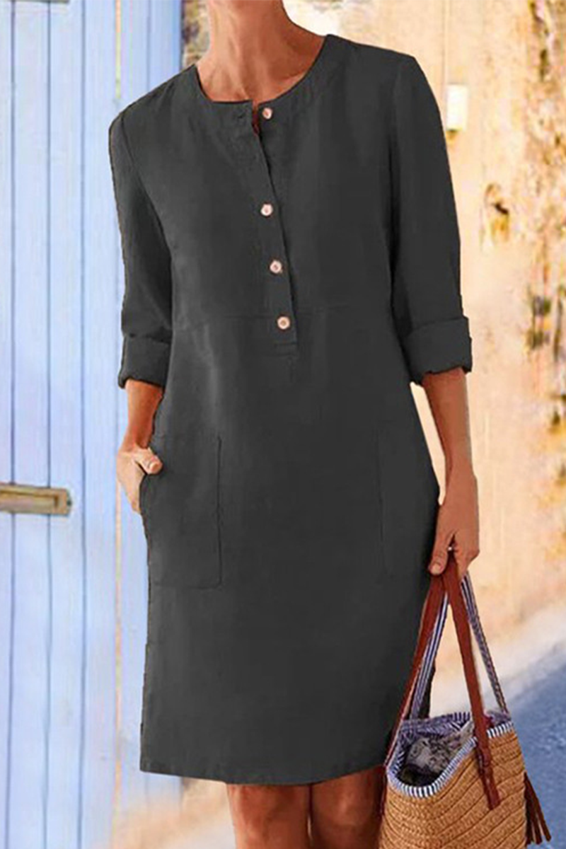 Casual Solid Pocket Buckle O Neck Long Sleeve Dresses  Fashionpara